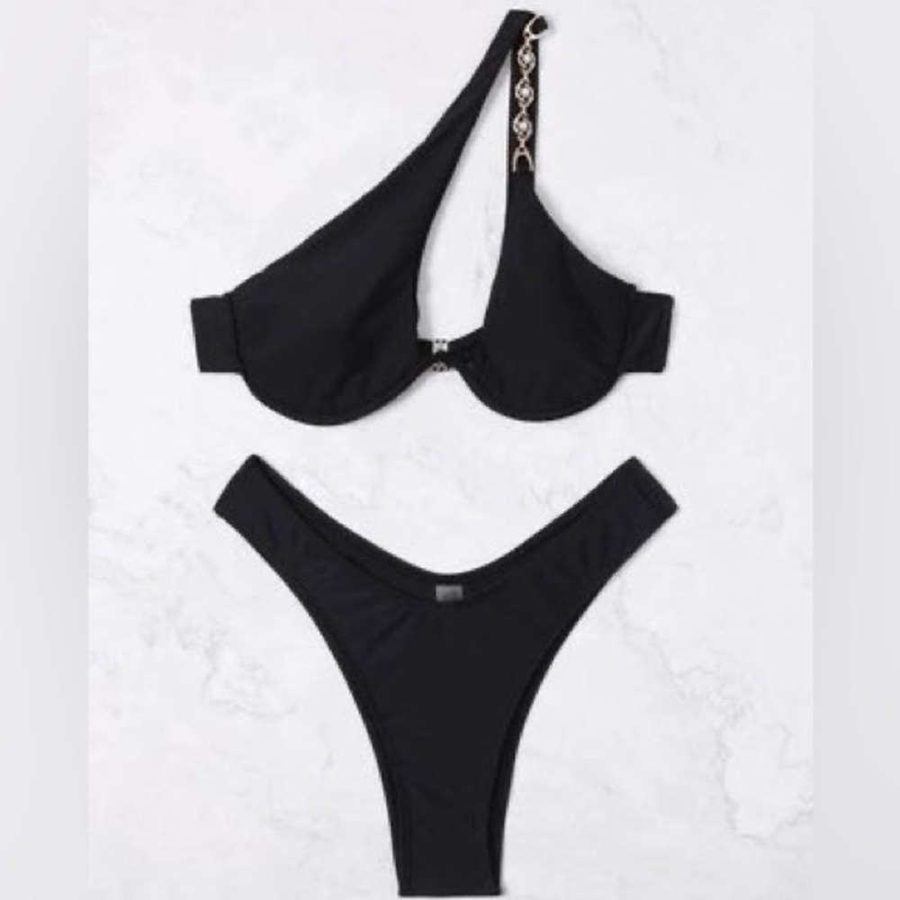 Women’s New Black Pearl One Shoulder Swimsuit Bathing Suit Bikini Set Size Large